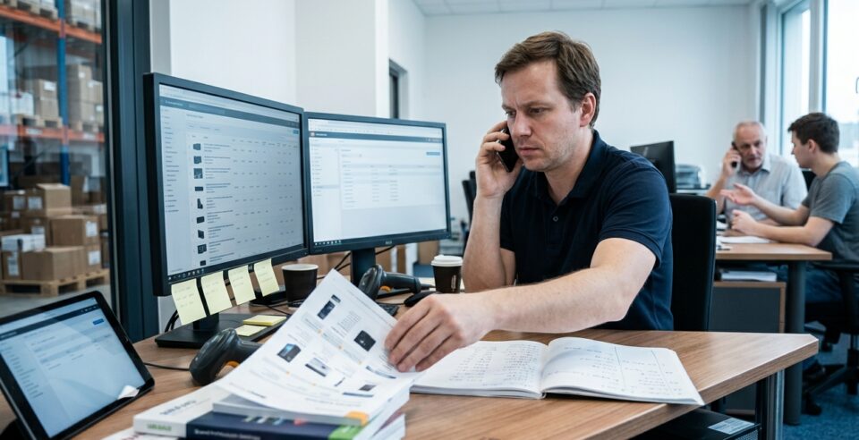 Sales representative B2B IT distributora u zaplaceného stolu, mid-call s kataloginy a SKU