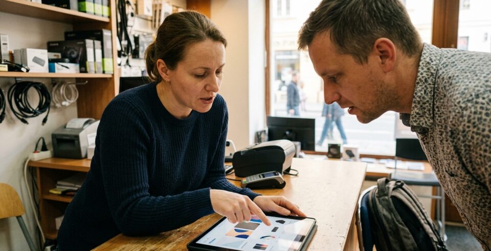 Reseller a zákazník u tabletu v malém českém IT obchodě, doporučené příslušenství