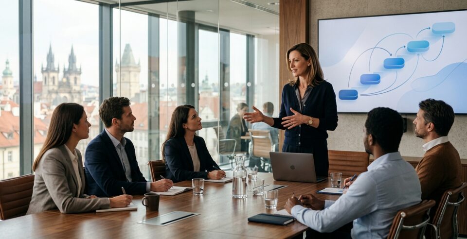 AI Onboarding — Head of L&D briefuje tým s learning path displayem