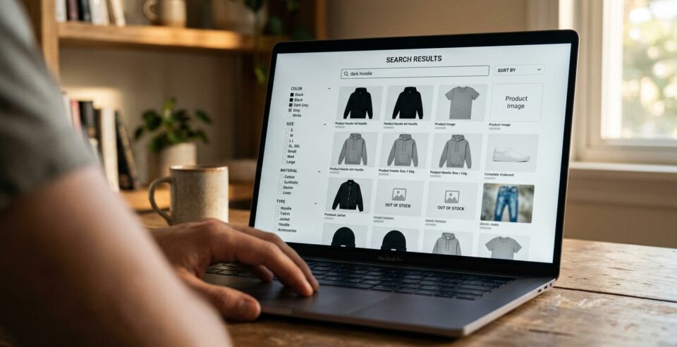 Laptop s e-shopem zobrazujícím nepřehledné výsledky vyhledávání s duplicitami a nerelevantními produkty
