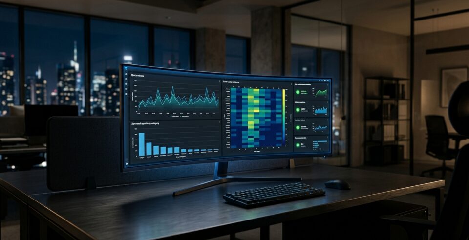 Ultra-wide monitor se search analytics dashboardem v moderní kanceláři, bez lidí