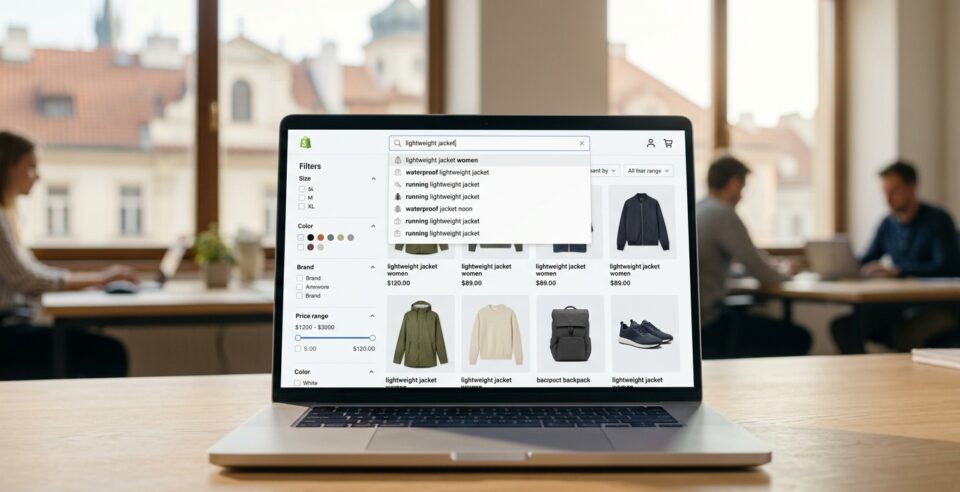 Laptop s e-shopem s čistými facetovými filtry, autocomplete dropdownem a okamžitými výsledky