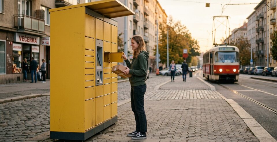 Mladá žena vyzvedává balík ze žlutého samoobslužného parcel lockeru v české rezidenční čtvrti