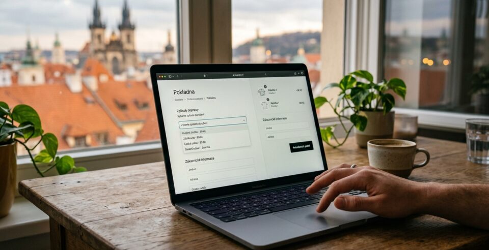 Laptop s Shopify checkout stránkou bez mapy výdejních míst, pouze plain text dropdown
