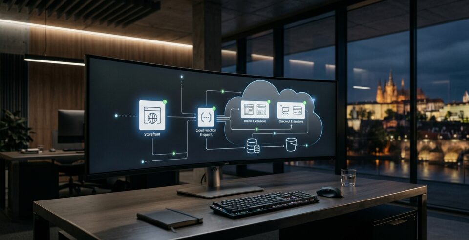 Ultra-wide monitor s cloud architecture diagramem MX Paketa, žádní lidé