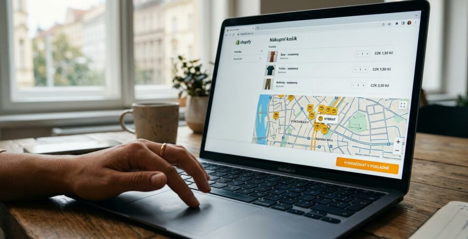 Laptop s Shopify cart embedded mapou pickup points, customer vybírá Z-BOX poblíž
