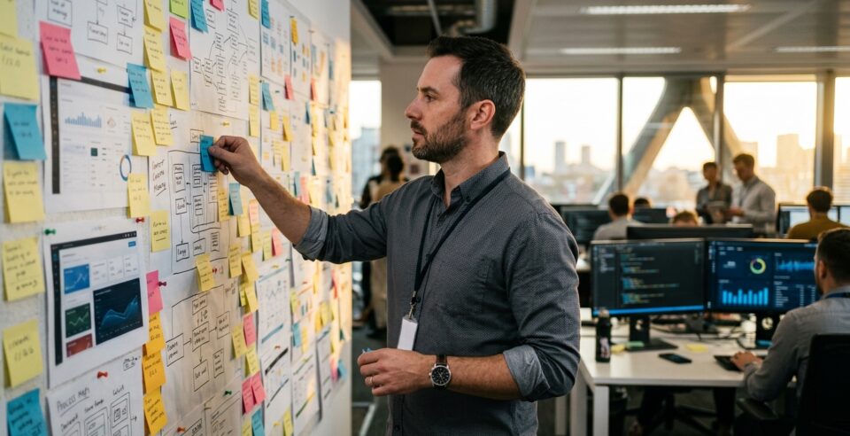 Nástěnka sticky notes a flowchartů — fragmentovaná znalost produktu